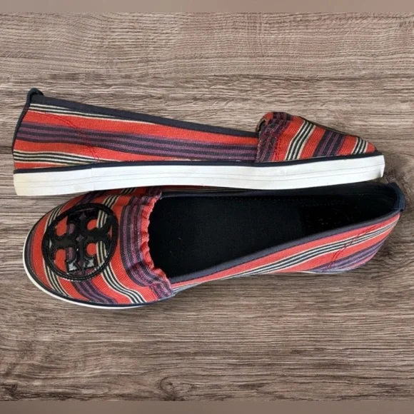 Tory Burch Raymond Canvas Flats Black Patent Logo Slip Ons Red White Blue Size 8 - Picture 9 of 13